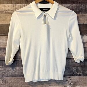Modcloth X Collectif Pearl Button White Keyhole‎ Knit Top XS Academia Old Money